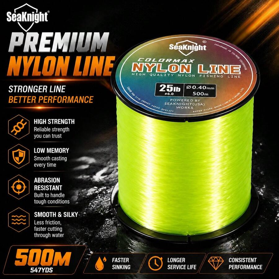SeaKnight 500m Colormax 尼龍釣魚線 6–35LB NT10 材質 高強度 低記憶 鯉魚釣魚線 - 黃色 - 彩色 - 查看 1