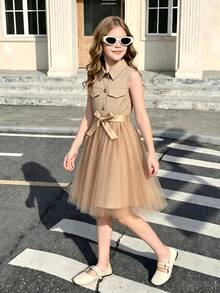Vestido de verano casual para niña preadolescente de unicolor sin mangas con cuello y cinturón de malla de red - Caqui - Ver 11