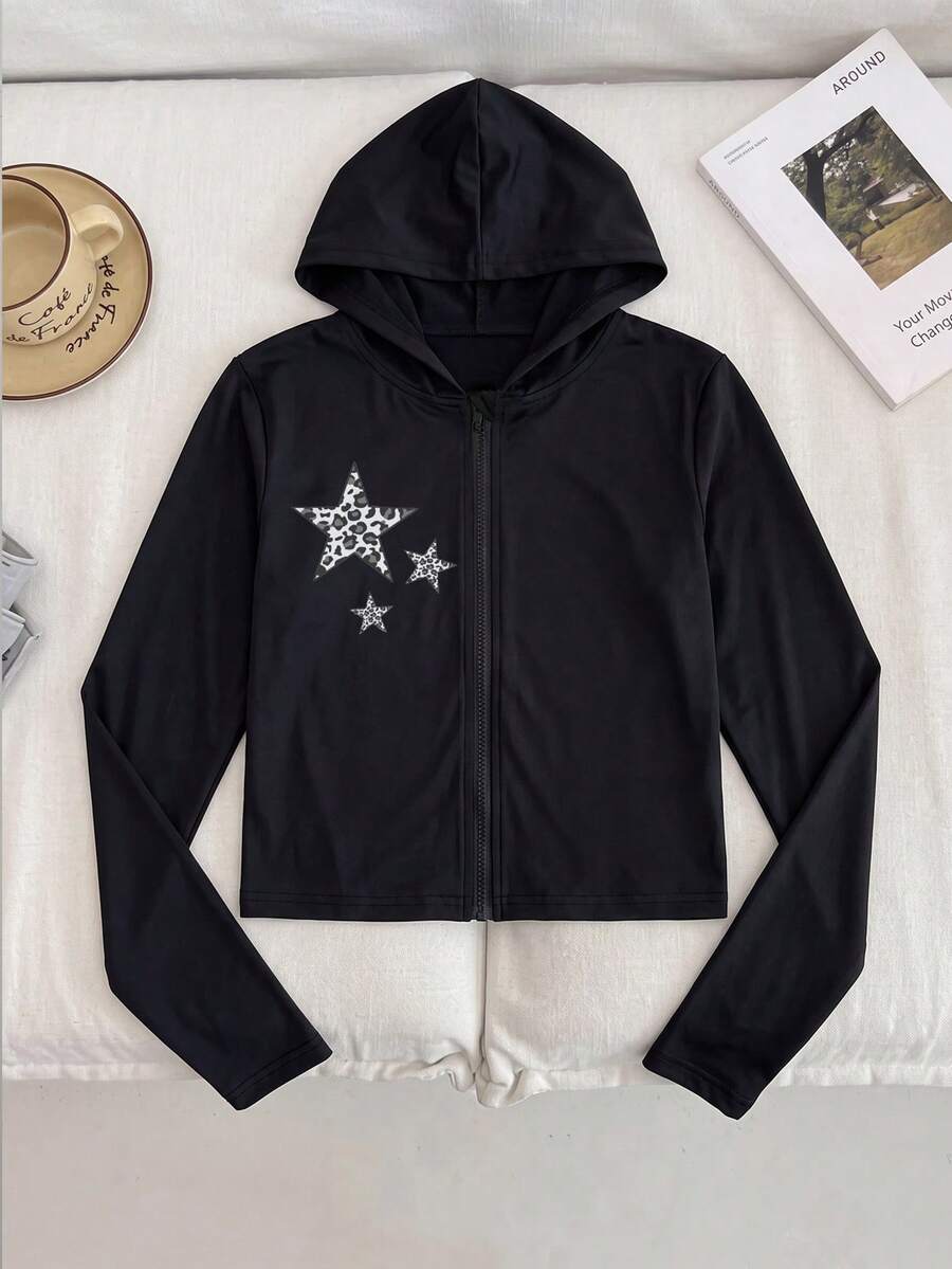 Lurzo Áo khoác cardigan có mũ phong cách Y2K cho bé gái, dáng ngắn, họa tiết sao, khóa kéo, co giãn cao thoáng khí, phong cách retro Y2K, mặc hằng ngày, dã ngoại, đi học và chơi thể thao - màu đen - Xem 1