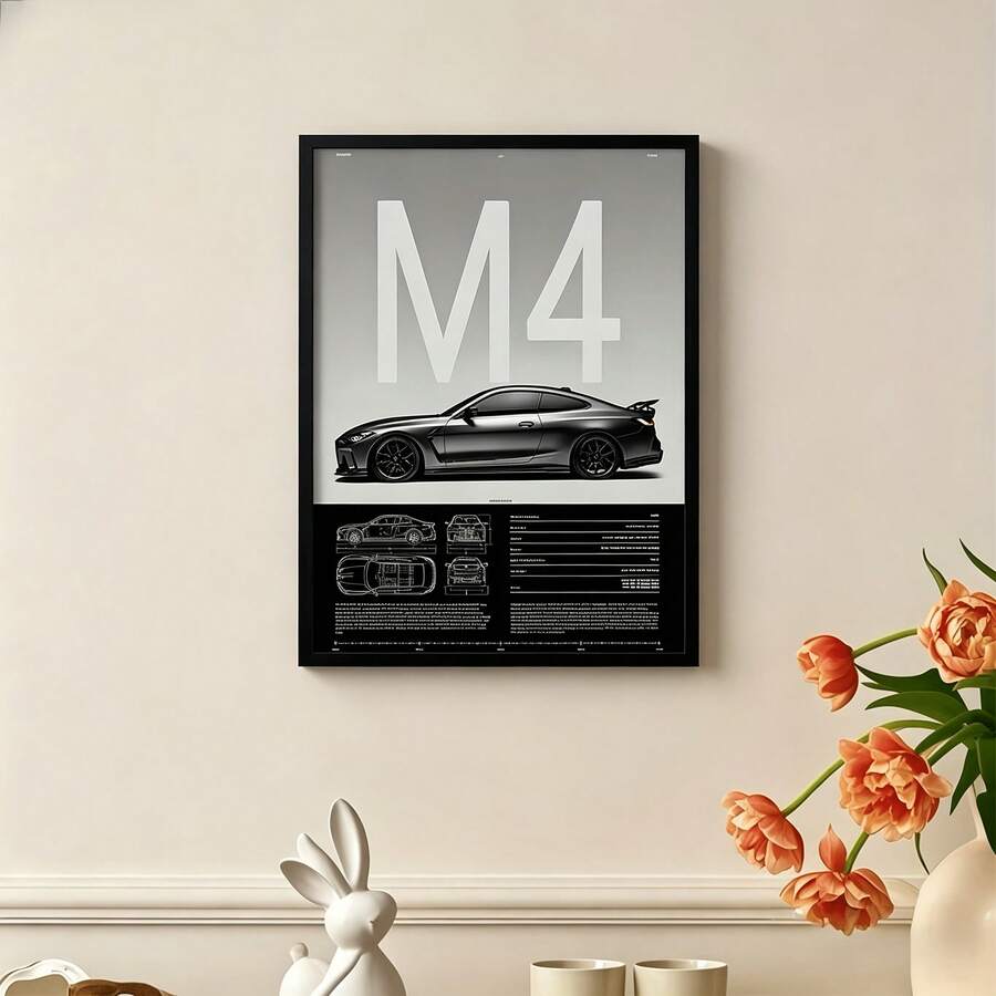 1件裝現代M4標誌與超級跑車技術藍圖風格海報-黑色汽車帆布印畫,靈感設計,空氣動力學車輛規格圖表,無框牆面藝術,適合男士私人空間、居家辦公室裝飾、萬聖節裝飾 - 卡通 - 查看 1