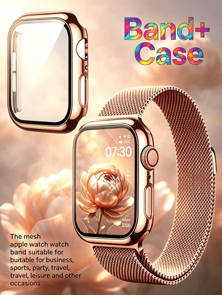 Magnetiskt band och boett i rostfritt stål för Apple Watch 40/41/42/44/45/46 mm, flätad metallrem och skärmskydd för kvinnor och män - Rosa Guld - Visa 1