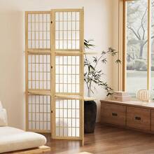5.6FT Room Divider And Folding Portable Partition Screen, 4 Panel Asian Shoji Style Freestanding Privacy Screen With 3 Display Storage Shelves For Room Separation, Natural Wood - Natural - View 9