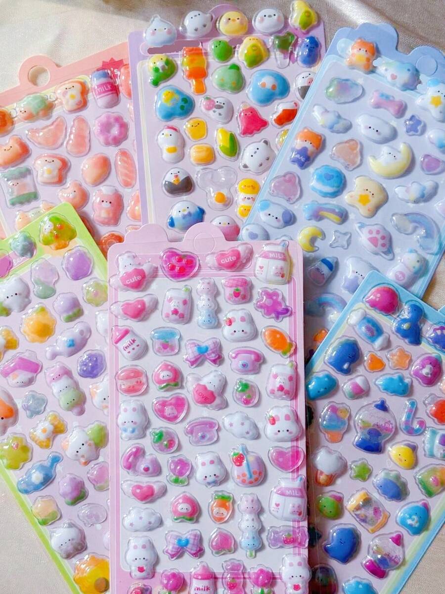3D Embossed Cartoon Sponge Stickers 6pcs Set, 3D Transparent Phone Scrapbook Stickers, PVC Epoxy Resin Stickers, Children's Gift