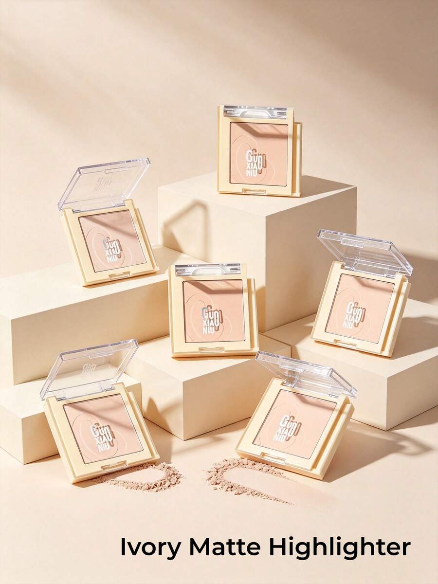 GUOXIAONIU Palet Highlighter Matte & Shimmer, Palet Makeup Pencerah Alami yang Bercahaya, Concealer & Bedak Pengatur Riasan Serbaguna, Cocok untuk Kontur Wajah dan Area Bawah Mata, Highlighter Pengatur Riasan Tahan Lama Mini Portabel - #Gading - View 1