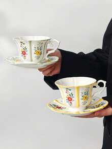 1/3pcs Set Country Style Floral Ceramic Tea Cup And Saucer, Elegant Vintage Porcelain Coffee Cup, Hand-Painted Floral Tea Cup, Suitable For Daily Use, Tea Party, Office And Home, Unique Gift For Women - Multicolor - View 3