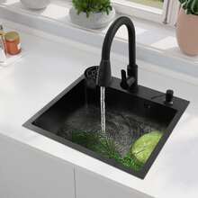 Einschalen-Spülbecken Für Die Küche,Edelstahl-Einbau-/Unterbauspüle Mit Ausziehbarem Wasserhahn&Tassenspüler&Ablaufkorb&Seifenspender,Multifunktionales Cafe/Bar/Hotel-Arbeitsplatz-Becken - Schwarz - Übersicht 1