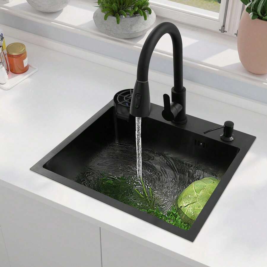 Einschalen-Spülbecken Für Die Küche,Edelstahl-Einbau-/Unterbauspüle Mit Ausziehbarem Wasserhahn&Tassenspüler&Ablaufkorb&Seifenspender,Multifunktionales Cafe/Bar/Hotel-Arbeitsplatz-Becken - Schwarz - Übersicht 1