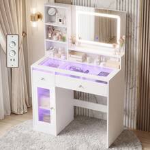 Devoko tocador con espejo LED, iluminación RGB y modo música, tocador con superficie de cristal, cajones, estante abierto, regleta de enchufes, USB/Tipo C y función de temporizador, blanco - Ver 1