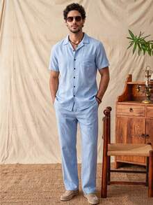 glestore Men's Retro-Style Casual Solid-Color Short-Sleeve Top And Pants Set-Casual, Comfortable, Stylish, And Versatile; Perfect For Spring, Summer, And Fall - Baby Blue - View 1