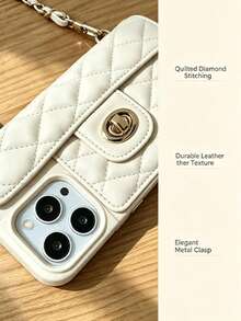 1pc Luxury Fragrance Style Quilted Chain Lock Card Holder Crossbody Phone Case, Premium Wool Pattern Quilted Microfiber Leather, Crossbody Leather Chain Coin Card Wallet Portable Protective Shell Suitable For Women Compatible With Apple/ Galaxy S24 Ultra 17 Pro Max/16 Pro Max/12 Pro/13/14 Plus/15 Pro Max/18/18 Pro Max - Beige - View 7