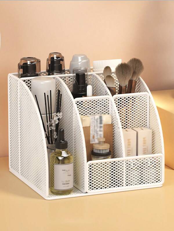 Back To School Dorm Desk Organizer White Metal Mesh Multi-Compartment Cosmetic And Stationery Storage Basket College Student Dorm Essentials