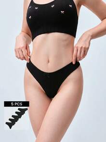 Softvol 5Pcs Women's Sexy Thongs Ribbed Low Rise Bow Front Panties Comfortable Briefs G-String Underwear Women Black Elastic Panty For Daily Wear - Black - View 1