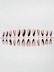 24pcs Medium Almond Shaped Black Gold Artificial Nails, Glitter Line Minimalist Style Full Coverage False Nails, Suitable For Women's Daily Wear - Multicolor - View 7