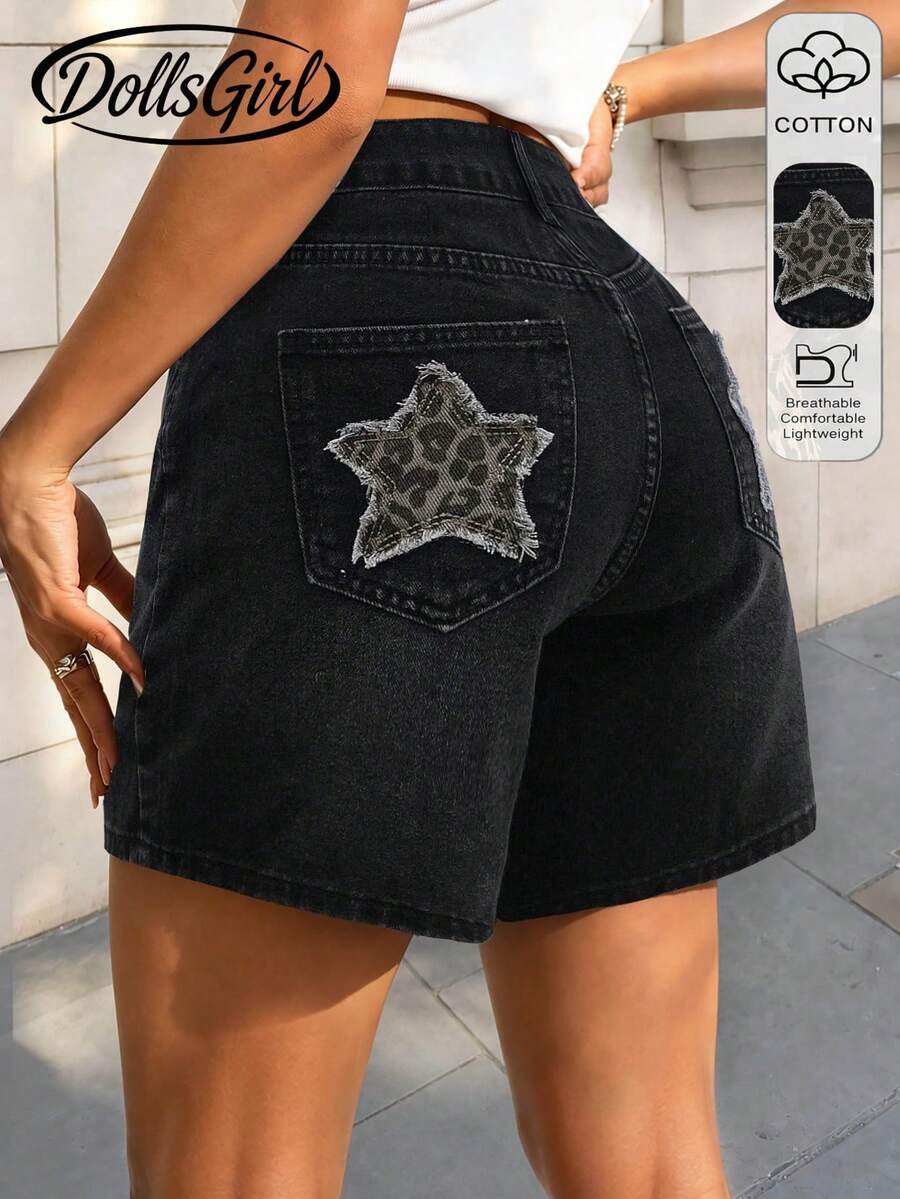 Y2K Casual Washed Ripped Pockets Leopard & Star Patchwork Denim Shorts, Multi-Functional Relaxed Fit Denim Hotpants For Summer - Smoke Black - View 1