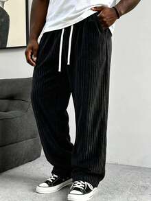 Plus Size Men's Thick Corduroy Long Pants, Comfortable Texture, Minimalist Label Decoration On Back Pocket, Suitable For Casual, Sports, Work Commute - Black - View 3