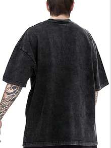 Letter Print Vintage Distressed Comfy Cotton T-shirt, Men's Casual Street Style Stretch Round Neck Tee Shirt for Summer - Svart - Visa 2