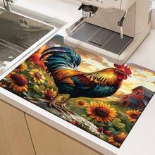 1pc Sunflower And Rooster Pattern Printed Diatomaceous Earth Kitchen Drain Mat, Absorbent Dish Drying Mat, Coffee Machine Mat, Dishwashing Mat, Sink Mat, Kitchen Countertop Protector Mat, Suitable For Cups, Plates, Tableware And Kitchen Decor - Multicolor - View 7