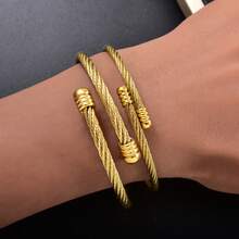 2pcs/Set Fashion Classic Stainless Steel 18K Gold Plated Button Pattern Wire Couple Bracelets, Unisex, Suitable For Daily Wear And Party - Gold - View 3