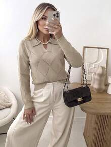 Women's Autumn/Winter Commute Office Workplace Outfit, Ribbed Hem Elegant Social Autumn Sweater - Khaki - View 6