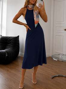 Women's Navy Blue Long Knit Dress – Comfortable Fit - Navy Blue - View 4