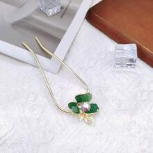1pc Floral Print Bohemian Zinc Alloy Rhinestone Green Leaf U-Shaped Hair Pin, High-End New Chinese Style Metal Hair Stick, Vintage Fresh Hair Accessory For Updo, Suitable For All Seasons, Headband Hair Ornament - Multicolor - View 5