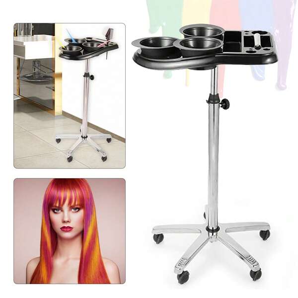 Chariot de coiffeur, chariot de salon amovible, hauteur réglable : 27,6-41,3 pouces, avec 4 roues universelles, auto-installé, rangement pour produits de coloration, sèche-cheveux, pinces et autres outils de coiffure