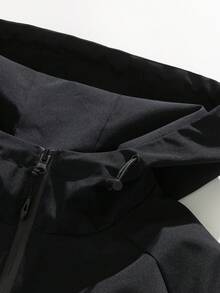Women's Pure Black Drawstring Hooded Jacket, Full Zip Hem Adjustable Drawstring Side Hidden Pockets Elastic Cuffs Loose Casual Top - Black - View 8