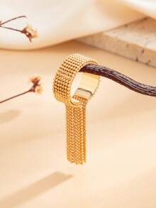 1pc Vintage Fashion Geometric Curved Bead Chain Tassel Charm Ring, Elegant & Glamorous For Daily Casual, Party, Gathering, Couple Date, Women's Holiday Versatile Jewelry Ring Gift (Chain & Bead Quantity Subject To Actual Product) - Ring - View 10