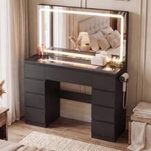 Devoko Modern Vanity Table With Extra Large LED Mirror, 3 Light Colors And Dimmable Brightness, Dressing Table With Glass Top, 9 Drawers, Power Strip And Hair Dryer Holder, White/Black - Black - View 1