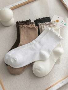 6 Pairs Kids Autumn/Winter Maillard Color High Elastic Cuff Ruffled Edge INS Style Solid Color Warm Casual Mid-Calf Socks - Beige - View 2