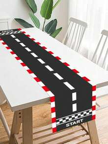 1 pièce Chemin de table et tapis de jeu de piste de course, en matériau polyester, motif de route à damier noir et blanc avec design de ligne de départ, convient pour fête d'anniversaire, table à manger, salle de jeux et décoration intérieure/extérieure de la maison, plusieurs tailles disponibles, décoration d'automne pour la maison, décoration d'automne - Multicolore - Voir 10