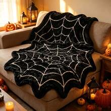 Spider Web Design Halloween Throw Pillow Blanket, Black Plush Soft Round Spider Web Blanket With Red Spider Pattern, Ultra Soft Comfortable Novelty Fluffy Blanket, Suitable For Bedroom, Sofa Bed Use, Gothic Halloween Home Decor Blanket - Multicolor - View 1