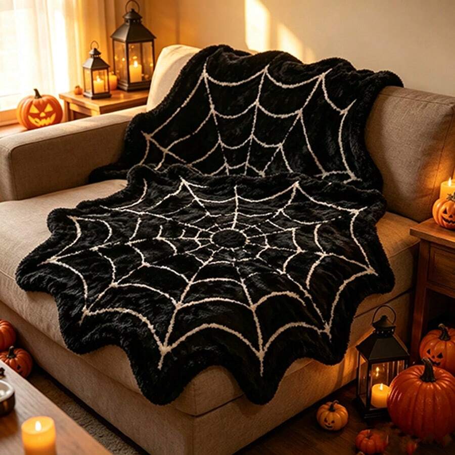 Spider Web Design Halloween Throw Pillow Blanket, Black Plush Soft Round Spider Web Blanket With Red Spider Pattern, Ultra Soft Comfortable Novelty Fluffy Blanket, Suitable For Bedroom, Sofa Bed Use, Gothic Halloween Home Decor Blanket - Multicolor - View 1