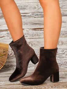 Black Velvet Square Toe Block Heel Ankle Booties Women Back Zipper Ankle Boots - Brown - View 6