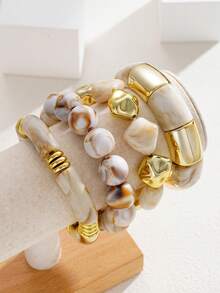 4pcs/1pc Vintage Elegant Bohemian Style Daily Geometric Asymmetrical Exaggerated Thick Elastic Beaded Bamboo Joint Cream White Gradient Resin Bracelet Stackable Acrylic Splicing Bangle Set Multi-Piece Stack Y2K Jewelry Accessories Suitable For Women Summer Beach Party Birthday Daily Wear Accessories Gift For Girls - Yellow Gold - View 2