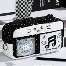 黑白星星貓多層鉛筆盒，可愛音符刺繡透明可見徽章插槽大容量卡通文具收納袋，適合國中與高中學生 - 多色 - 查看 1
