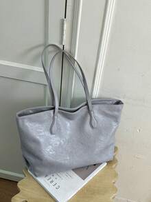 Dedoo 女款純色百褶PU托特包，寬肩帶極簡休閒日常單肩包，大容量，校園背包，適合大學校園 - 藍色 - 查看 4