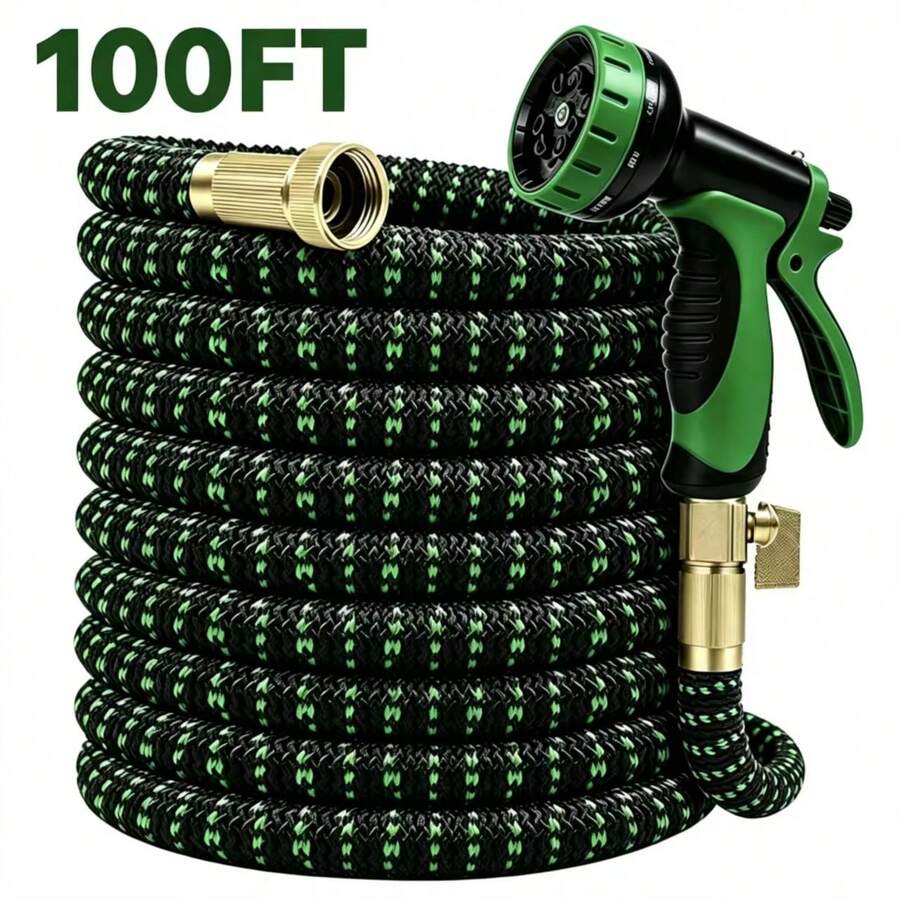 100FT Heavy-Duty Garden Rubber Hose With 10 Function Nozzle, Heavy-Duty Super Strong Solid Brass Fittings, Outdoor Water Hose, Car Wash Water Pipe, Courtyard Watering, Pet Shower, Smooth Hose Design, Durable Material. - 黑色 - 查看 1