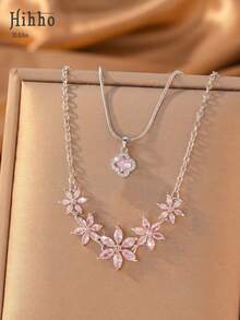 Hihho 2pcs/Set Pink Zirconia Flower & Lucky Four-Leaf Clover Layered Necklace Set, Dual-Color Options, Lightweight Luxury Niche Design, V-Shaped Collarbone Chain With White Zirconia Crushed Diamonds & Teardrop Zirconia Pendant, Inner Layer Simple Snake Chain With Round Pink Zirconia Four-Leaf Flower Pendant - Clavicle Chain - View 1
