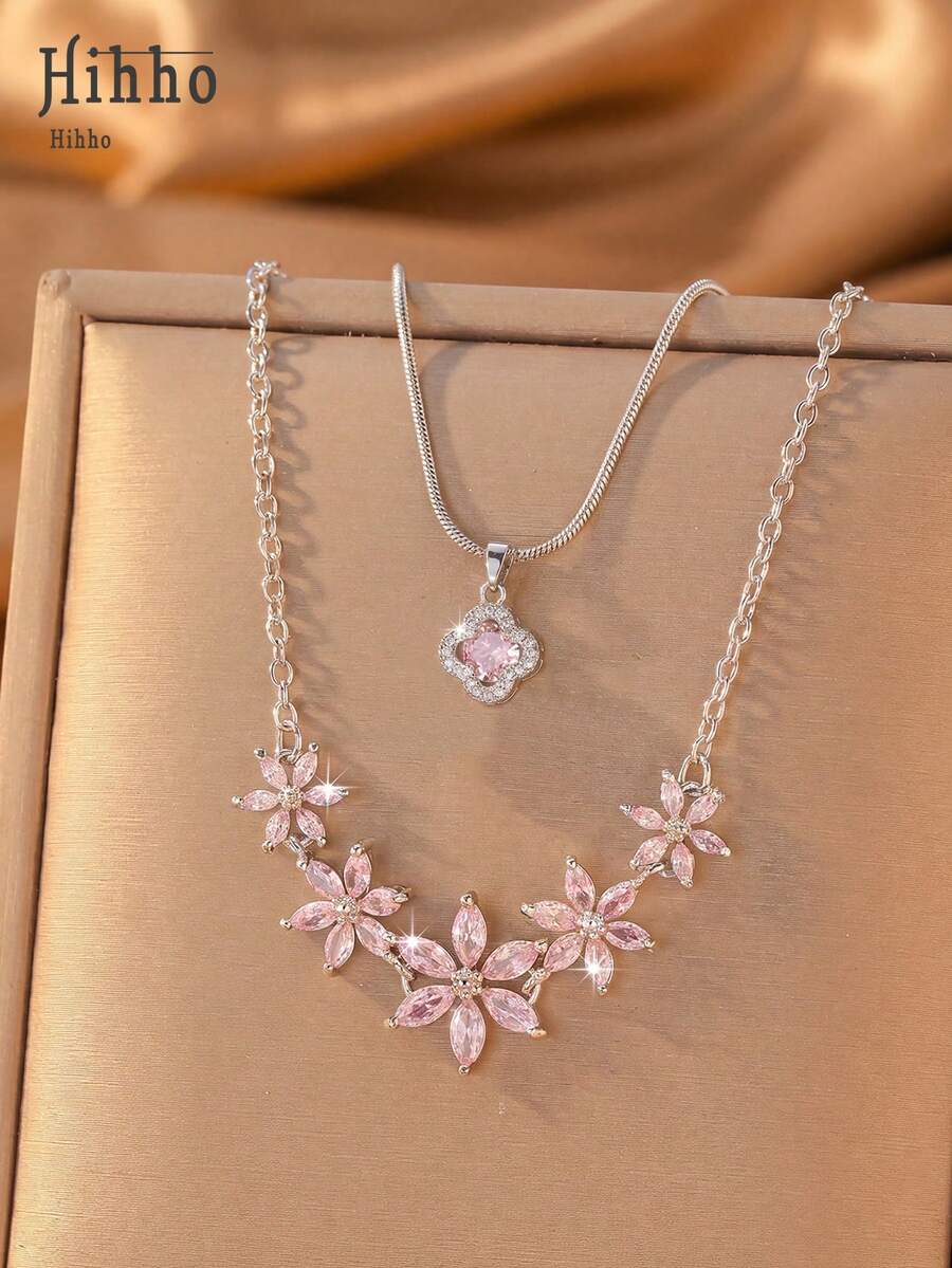 Hihho 2pcs/Set Pink Zirconia Flower & Lucky Four-Leaf Clover Layered Necklace Set, Dual-Color Options, Lightweight Luxury Niche Design, V-Shaped Collarbone Chain With White Zirconia Crushed Diamonds & Teardrop Zirconia Pendant, Inner Layer Simple Snake Chain With Round Pink Zirconia Four-Leaf Flower Pendant - Clavicle Chain - View 1