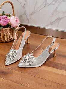 1 Pair Women Silver Glitter Slingback Heels, Rhinestone Firework Decor Pointed Toe Mid Heel Buckle High Heel Shoes - Silver - View 6