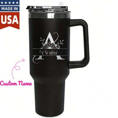 (Customized) 1 Personalized 26-Letter Cup With Handle And Straw, Customized Insulated Stainless Steel Cup With Name For Travel, Birthday Gift For Women, Birthday Gift For Men, Customized Name, Black 40-Ounce Size