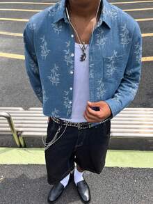HOMIIE Men Fall Long Sleeve Cropped Shirt, Blue Floral Print Lapel Button Down Shirt With Pocket, Streetwear Casual Tops For Autumn - Blue - View 3