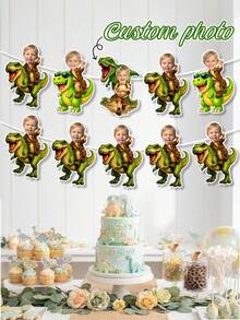 Custom Photo Kid Riding T-Rex Dinosaur Banner,Explorer Outfit Portrait Garland,Green T-Rex Themed, Birthday Gift For Dino Lover,Dinosaur Party Decor - Multicolor - View 1
