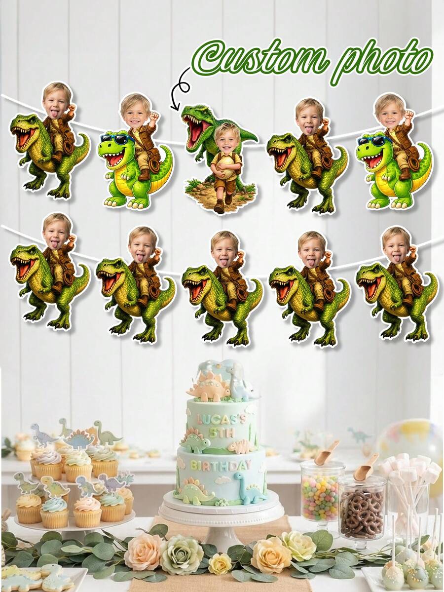 Custom Photo Kid Riding T-Rex Dinosaur Banner,Explorer Outfit Portrait Garland,Green T-Rex Themed, Birthday Gift For Dino Lover,Dinosaur Party Decor - Multicolor - View 1