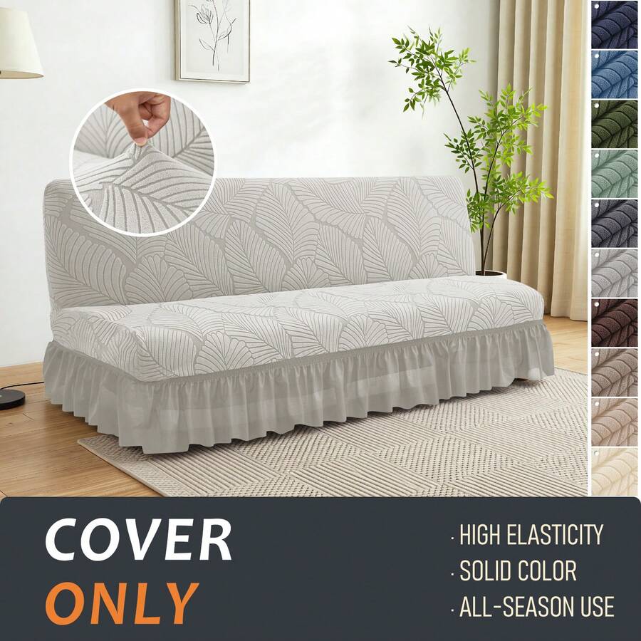 Sofa Bed Cover With Ruffle Hem, Elastic Jacquard Large Leaf Pattern One-Piece Stretch Sofa Cover, Machine Washable Living Room Furniture Protector - Light Grey - View 1