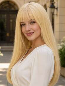 Elegant 24 Inch Gold Straight Hair Wig With Bangs, Smooth And Natural, Fashionable And Versatile, Suitable For All Women's Daily Wear And Party Events - Gold - View 4