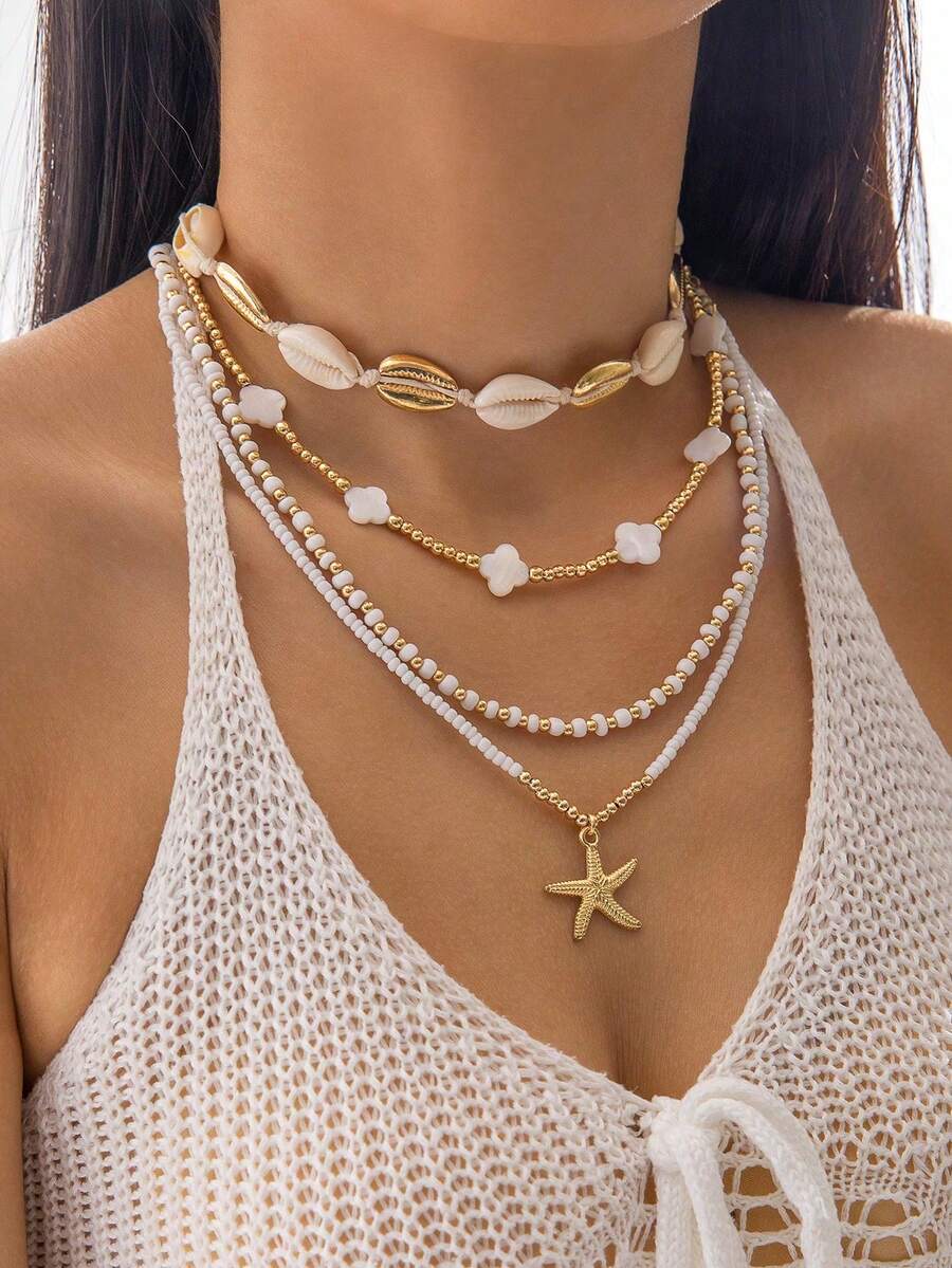 imoli 4pcs Bohemian Style Clover Resin Beaded Starfish Pendant Necklace Set, Suitable For Middle East Ramadan, Beach Party, Gift (Handmade Necklace Customized By Size, Bead Quantity & Size Varies)