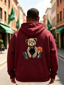 Men's Burgundy Basketball Bear Print Hoodie, American Sports Cartoon Loose Fit Plus Size Streetwear Sweatshirt - Burgundy - View 3