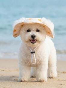 Minimalist Pet Sun Hat, Cute Little Sun Pattern, Hollow Ear Design, Adjustable Non-Slip Sun Protection Hat, Comfortable Without Squeezing Ears, Suitable For Small Dogs To Wear Outdoors In Spring And Autumn, Happy Puppy Hat - White - View 2